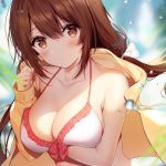  1girl arm_under_breasts bangs bare_shoulders blue_sky blurry blurry_background blush breasts brown_eyes brown_hair cleavage closed_mouth clouds collarbone day hair_between_eyes hand_up large_breasts long_hair looking_at_viewer necomi off_shoulder open_parka outdoors parka sidelocks sky smile solo yumina_kisaragi 