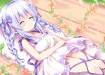  1girl bangs bare_arms bare_shoulders blurry blurry_foreground blush braid closed_eyes collarbone commentary_request depth_of_field dress eyebrows_visible_through_hair floral_print flower gochuumon_wa_usagi_desu_ka? hair_between_eyes hair_ribbon hands_on_own_stomach himarisu_(hida_mari) kafuu_chino long_hair orange_flower parted_lips petals purple_ribbon red_flower ribbon sidelocks signature sleeping sleeveless sleeveless_dress solo striped striped_ribbon thighs twin_braids twintails white_dress white_hair 