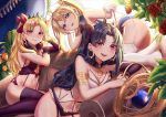  3girls artist_name ass asymmetrical_sleeves bangs bare_shoulders black_hair black_panties blonde_hair blue_eyes blue_panties blush bow bow_panties bradamante_(fate/grand_order) braid breasts brown_bow brown_eyes brown_legwear brown_sleeves cleavage closed_mouth commentary_request couch crown_braid earrings ereshkigal_(fate/grand_order) eyebrows_visible_through_hair fate/grand_order fate_(series) flower forehead foreshortening garter_straps gloves hair_between_eyes hair_bow hoop_earrings infinity ishtar_(fate/grand_order) jewelry lingerie long_hair long_sleeves looking_at_viewer medium_breasts multiple_girls on_couch panties parted_bangs red_bow red_eyes red_flower red_rose rose saruei single_bridal_gauntlet single_sleeve skull thigh-highs tiara twintails two_side_up underwear very_long_hair wavy_mouth white_gloves white_legwear 