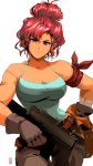  1girl 90s armband bare_shoulders belt_pouch breasts camisole cleavage colorized commentary curvy dark_skin david_liu english_commentary eyebrows gun hair_bun hand_on_hip head_tilt highres holding holding_gun holding_weapon large_breasts light_smile looking_at_viewer maria_(space_maria) pants pouch red_eyes redhead revision scar short_hair smile solo space_maria submachine_gun thigh_gap toned updo weapon white_background wide_hips 