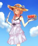  1girl blue_eyes blue_sky bracelet breasts brown_hair cleavage clouds collarbone dress felicia_(fire_emblem_if) fire_emblem fire_emblem_if food fruit hair_over_shoulder hat highres holding holding_knife holding_plate jewelry knife layered_dress leatzche long_hair looking_at_viewer medium_breasts necklace nintendo outdoors plate sky sleeveless sleeveless_dress smile solo standing straw_hat sun_hat sundress watermelon white_dress yellow_hat 