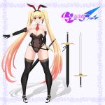  animal_ears arm_behind_back black_legwear blonde_hair blush breasts bug butterfly commentary_request detached_collar elbow_gloves eyebrows_visible_through_hair fake_animal_ears floral_background full_body gloves gluteal_fold groin high_heels insect kenshi_rurika large_breasts long_hair looking_at_viewer multicolored_hair necktie nekopanch0852 original red_neckwear see-through shadow sheath smile standing sword thick_thighs thigh-highs thighs two-tone_hair very_long_hair weapon white_frills wide_hips 