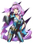  1girl :d absurdly_long_hair black_bodysuit bodysuit bracelet breasts choker cleavage collarbone cropped_legs floating_hair highlights highres jewelry large_breasts long_hair long_sleeves looking_at_viewer macross macross_delta mikumo_guynemer multicolored_hair necklace open_mouth ponytail purple_hair red_eyes ring shimatani_azu shiny shiny_hair smile solo standing very_long_hair w white_background 