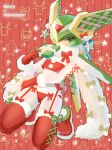  1boy androgynous android blush bow christmas crossdressinging dated fur_scarf fur_trim garter_belt gift gloves green_eyes harpuia kneeling male_focus merry_christmas red_background red_bow red_footwear red_gloves rockman rockman_zero santa_costume santa_gloves scarf scccs2 solo star thigh-highs 