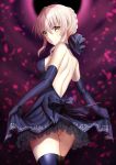  1girl ahoge artoria_pendragon_(all) back backless_dress backless_outfit bangs bare_shoulders black_dress black_gloves black_legwear black_ribbon blonde_hair blurry blurry_background braid breasts closed_mouth curtsey dress eclipse elbow_gloves fate/stay_night fate_(series) french_braid gloves hair_between_eyes hair_bun harimoji highres lolita_fashion long_hair looking_at_viewer medium_breasts pale_skin ribbon saber_alter sidelocks solo thigh-highs yellow_eyes 