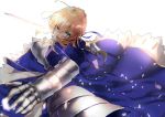  ahoge armor armored_dress artoria_pendragon_(all) bangs blonde_hair blue_dress braid chest_armor commentary_request dress excalibur eyebrows_visible_through_hair fate_(series) french_braid gauntlets green_eyes hair_between_eyes hair_bun holding holding_sword holding_weapon looking_at_viewer open_mouth pirapirapirapira saber sidelocks sword weapon 