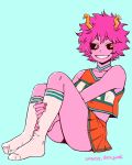  1girl artist_name ashido_mina black_sclera blue_background boku_no_hero_academia cheerleader dated disco_panchi grin highres horns pink_hair pink_skin pleated_skirt short_hair simple_background skirt smile socks solo yellow_eyes 