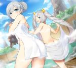 2girls anastasia_(fate/grand_order) ass blue_eyes breasts doll fate/grand_order fate_(series) female_ass from_behind hair_bun marie_antoinette_(fate/grand_order) mountain multiple_girls naked_towel one_eye_closed onsen rubber_duck sideboob sidelocks steam towel twintails twitter_username tyone type-moon