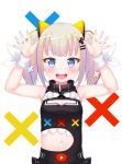  1girl :d animal_ears armpits arms_up atg_(wttoo0202) bangs bare_shoulders black_dress blonde_hair blue_eyes blunt_bangs blush cat_ears cleavage_cutout d-pad d-pad_hair_ornament dress eyebrows_visible_through_hair fake_animal_ears grey_hair hair_ornament hairclip highres kaguya_luna kaguya_luna_(character) long_hair looking_at_viewer multicolored_hair navel navel_cutout open_mouth play_button redhead ribbon round_teeth sleeveless sleeveless_dress smile solo spread_fingers streaked_hair teeth twintails upper_body virtual_youtuber white_background white_ribbon wrist_ribbon younger 