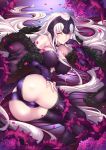  aata1007 ass bangs bare_shoulders black_dress black_legwear black_panties blush breasts bridal_gauntlets choker detached_sleeves dress fate/grand_order fate_(series) flower fur_trim headpiece highres jeanne_d&#039;arc_(alter)_(fate) jeanne_d&#039;arc_(fate)_(all) jewelry lace lace-trimmed_legwear lace-trimmed_panties large_breasts long_hair looking_at_viewer lying on_side panties parted_lips pendant petals rose silver_hair solo thigh-highs thighs thorns underwear yellow_eyes 