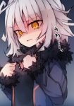  1girl bangs beni_shake black_dress blue_jacket breasts commentary_request dress eyebrows_visible_through_hair fate/grand_order fate_(series) fur-trimmed_jacket fur-trimmed_sleeves fur_trim grey_hair hair_between_eyes hands_up head_tilt jacket jeanne_d&#039;arc_(alter)_(fate) jeanne_d&#039;arc_(fate)_(all) long_hair long_sleeves looking_at_viewer open_clothes open_jacket orange_eyes parted_lips shaded_face small_breasts solo translation_request upper_body wicked_dragon_witch_ver._shinjuku_1999 