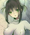  1girl bangs black_hair bodysuit breasts bun_cover chinese_clothes collarbone colored_eyelashes commentary_request double_bun fate/grand_order fate_(series) green_eyes looking_at_viewer medium_breasts qin_liangyu_(fate) sidelocks simple_background skin_tight solo taut_clothes upper_body white_bodysuit yukiirokumokakusi 