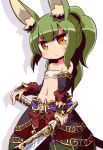  &gt;:( 1girl animal_ear_fluff animal_ears bandeau bangs bare_shoulders black_sleeves blush breasts brown_eyes closed_mouth collarbone commentary_request detached_sleeves drop_shadow eyebrows_visible_through_hair green_hair green_pants hand_on_hilt head_tilt high_ponytail holding holding_sword holding_weapon long_hair long_sleeves masurao_(sekaiju) naga_u navel pants ponytail puffy_pants rabbit_ears sekaiju_no_meikyuu sekaiju_no_meikyuu_5 sidelocks sleeves_past_wrists small_breasts solo sword v-shaped_eyebrows weapon white_background white_bandeau 