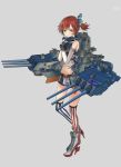  1girl american_flag_legwear bare_shoulders battleship breasts cannon character_name elbow_gloves fingerless_gloves full_body gloves green_eyes grey_background hair_ornament high_heels highres kantai_collection kuroinu9 machinery mecha_musume military military_vehicle miniskirt mismatched_legwear navel one_side_up original personification red_footwear redhead rudder_footwear ship short_hair simple_background skirt small_breasts solo standing striped striped_legwear thigh-highs turret uss_alabama_(bb-60) vertical_stripes warship watercraft wrist_cuffs 