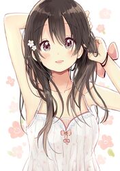  1girl :d absurdres arms_up bangs bare_arms bare_shoulders blush breasts brown_eyes brown_hair collarbone dress eyebrows_visible_through_hair flower hair_between_eyes hair_flower hair_ornament hand_behind_head hand_in_hair head_tilt highres open_mouth original sakura_oriko simple_background sleeveless sleeveless_dress small_breasts smile solo white_background white_dress white_flower 