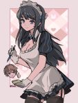  1boy 1girl alternate_costume apron azusagawa_sakuta bae_joohyun black_hair black_legwear black_neckwear blood blue_eyes breasts brown_eyes brown_hair chibi cleavage collar enmaided garter_straps gloves hair_ornament hairclip long_hair maid medium_breasts nosebleed notepad pencil puffy_short_sleeves puffy_sleeves sakurajima_mai seishun_buta_yarou short_sleeves simple_background standing thumbs_up twitter_username white_collar white_gloves 