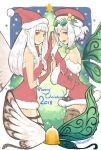  2018 2girls aerie_(bravely_default) artist_name bare_shoulders belt bluestar bravely_default:_fairy&#039;s_effect bravely_default:_flying_fairy bravely_default_(series) breasts brown_legwear christmas commentary_request dress eyewear_on_head fairy fairy_wings from_side fur_trim glasses gloves green_eyes grey_eyes hands_together hat highres long_hair looking_at_viewer merry_christmas multiple_girls open_mouth pointy_ears red_dress red_gloves rinne_(bravely_default) santa_dress santa_hat short_dress short_hair sketch small_breasts smile strapless strapless_dress thigh-highs thigh_strap white_hair wings 