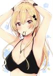  1girl absurdres arms_up bangs bare_arms bare_shoulders black_bra blonde_hair blush bra breasts brown_eyes bunching_hair cleavage closed_mouth collarbone cross cross_necklace eyebrows_visible_through_hair hair_between_eyes hair_tie hair_tie_in_mouth highres jewelry long_hair medium_breasts mouth_hold necklace original sakura_oriko solo tying_hair underwear upper_body 