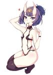  1girl arm_up bangs bare_shoulders blush breasts brown_legwear collarbone eyebrows_visible_through_hair fang fate/grand_order fate_(series) fingernails full_body hair_tie hair_tie_in_mouth hand_behind_head headpiece heart high_ponytail horns looking_at_viewer mouth_hold nakatokung no_shoes oni oni_horns parted_lips ponytail purple_hair revealing_clothes shuten_douji_(fate/grand_order) simple_background small_breasts solo squatting thigh-highs violet_eyes white_background 