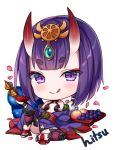  1girl alcohol bare_shoulders blush chibi closed_mouth commentary cup fate/grand_order fate_(series) food fruit full_body gourd grapes headpiece hitsukuya holding holding_cup horns japanese_clothes kimono licking_lips long_sleeves looking_at_viewer obi off_shoulder oni oni_horns peach petals purple_hair purple_kimono sakazuki sake sash short_eyebrows short_hair shuten_douji_(fate/grand_order) signature simple_background smile solo stirrup_legwear symbol_commentary thick_eyebrows toeless_legwear tongue tongue_out violet_eyes white_background wide_sleeves 