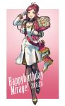  1girl 2018 :d bangs black_legwear bouquet bow breasts character_name choker cleavage detached_sleeves dress flower full_body gloves green_eyes happy_birthday highres holding holding_bouquet long_hair looking_at_viewer macross macross_delta medium_breasts mirage_farina_jenius open_mouth pantyhose parted_bangs pointy_ears ponytail red_bow redhead rose salute shimatani_azu shiny shiny_hair short_dress sketch smile solo standing white_dress white_flower white_gloves white_rose 