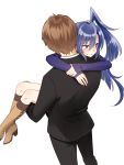  1boy 1girl arms_around_neck back_turned blue_eyes blue_hair blue_sweater blush boots brown_hair carrying eyebrows_visible_through_hair formal hair_between_eyes high_heel_boots high_heels hug kazanari_tsubasa lanlanlap long_hair ogawa_shinji_(symphogear) one_side_up princess_carry senki_zesshou_symphogear short_hair sideways_glance suit sweater 