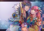  1boy 1girl blonde_hair blue_hair brother_and_sister closed_mouth earrings feather_trim fire_emblem fire_emblem_heroes flower gradient_hair green_eyes gunnthra_(fire_emblem) hair_flower hair_ornament highres hikashi10_nsk holding holding_sword holding_weapon hrid_(fire_emblem_heroes) japanese_clothes jewelry kimono long_hair long_sleeves multicolored_hair nintendo parted_lips pink_hair scabbard sheath sheathed siblings silver_hair snowflakes spiky_hair sword weapon 