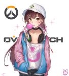  1girl bangs baseball_cap black_choker black_pants breasts brown_eyes brown_hair bubble_blowing casual chewing_gum choker cleavage collarbone commentary_request copyright_name d.va_(overwatch) eyebrows_visible_through_hair facial_mark glint hand_in_pocket hat headphones headphones_around_neck highres jacket konata_(knt_banri) logo long_hair long_sleeves looking_at_viewer open_clothes open_jacket overwatch pants sanpaku shirt shirt_tucked_in signature sketch solo sparkle standing two-tone_jacket upper_body white_background white_hat white_shirt 
