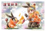  1girl 2019 :d angie_(kani-ga-tobuna) black_footwear black_gloves black_legwear blush boots breathing_fire brown_eyes character_name copyright_name creatures_(company) eye_contact fire flame floral_background food game_freak gen_5_pokemon gloves hood looking_at_another nengajou new_year nintendo open_mouth orange_coat personification pokemon pokemon_(creature) pokemon_(game) pokemon_bw scarf short_hair skewer smile squatting sweet_potato tepig thigh-highs thigh_boots yellow_scarf 