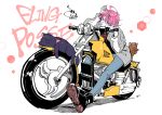  1boy 302 :3 amemura_ramuda animal animalization arisugawa_dice black_cat blue_eyes cat dated ground_vehicle hypnosis_mic looking_at_viewer male_focus motor_vehicle motorcycle on_motorcycle paw_pose pink_hair smile yumeno_gentarou 