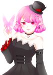  1girl bare_shoulders bug butterfly choker dress elf eyebrows_visible_through_hair flower hair_between_eyes hat hat_flower highres insect looking_at_viewer lucid maplestory pink_eyes pink_hair pointy_ears short_hair smile solo 