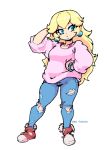  1girl baggy_clothes blonde_hair blue_earrings blue_eyes casual commentary dan_heron denim english_commentary full_body hand_on_hip jeans long_hair super_mario_bros. nintendo no_headwear pants pink_sweater princess_peach scrunchie shoes sneakers solo standing super_mario_bros. sweater torn_clothes torn_jeans torn_pants white_background wrist_scrunchie 
