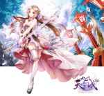  bare_shoulders breasts brown_eyes cleavage copyright_name dress flower full_body gloves hair_flower hair_ornament holding holding_sword holding_weapon lantern logo long_hair medium_breasts novoland official_art outdoors petals pink_hair rock standing standing_on_one_leg sword tassel thigh-highs tree tyouya very_long_hair weapon white_dress white_gloves white_legwear 