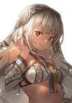  1girl absurdres altera_(fate) bangs bare_shoulders breasts closed_mouth collarbone commentary_request crop_top dark_skin detached_sleeves eyebrows_behind_hair fate/extella fate/extra fate_(series) hand_in_hair hand_up highres kazuki_seto long_sleeves looking_at_viewer red_eyes simple_background small_breasts solo upper_body veil white_background wide_sleeves 
