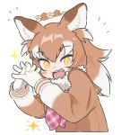  +_+ 1girl :d animal_ears appleq ascot bangs blush brown_eyes brown_hair commentary_request eyebrows_visible_through_hair fang fur_collar gloves grey_hair hands_together hands_up highres interlocked_fingers japanese_wolf_(kemono_friends) kemono_friends long_hair long_sleeves looking_at_viewer multicolored_hair open_mouth orange_pupils own_hands_together plaid plaid_neckwear sailor_collar smile solo sparkle sweater two-tone_hair upper_body white_gloves wolf_ears 
