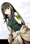  1girl armband assault_rifle bangs bare_arms bare_shoulders black_eyes black_gloves breasts brown_hair clothes_around_waist commentary_request cowboy_shot dutch_angle girls_frontline gloves green_hair green_shirt gun hand_up headphones holding holding_gun holding_weapon jacket jacket_around_waist long_hair looking_at_viewer m4_carbine m4a1_(girls_frontline) medium_breasts multicolored_hair parted_lips ress ribbed_shirt rifle shirt sidelocks sleeveless sleeveless_shirt solo standing streaked_hair weapon white_jacket 