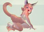 1girl b24vc1 bare_shoulders belt blue_eyes bow bowtie caracal_(kemono_friends) caracal_ears caracal_tail elbow_gloves eyebrows_visible_through_hair fangs full_body gloves highres kemono_friends kneeling open_mouth orange_bow orange_gloves orange_hair orange_legwear shirt skirt solo tail tail_raised thigh-highs two-tone_background white_footwear