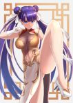  1girl bangs blue_eyes blunt_bangs blush breasts china_dress chinese_clothes cleavage covered_navel double_bun dress earrings fate/grand_order fate_(series) fighting_stance gloves grey_background hair_ribbon heroic_spirit_traveling_outfit jewelry kanki_(kibunhasaikou) large_breasts leg_up legs long_hair pelvic_curtain purple_hair ribbon saint_martha smile solo straight_hair thighs twintails very_long_hair white_dress white_footwear white_gloves white_ribbon 