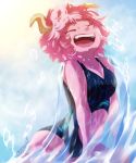  1girl artist_name ashido_mina bare_shoulders blue_swimsuit boku_no_hero_academia closed_eyes eyebrows_visible_through_hair highres horns open_mouth pink_hair pink_skin short_hair simple_background smile solo swimsuit water 