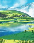  1girl absurdres asuteroid backpack bag clouds grass highres hill iris_(asuteroid) lake mountain mountainous_horizon original road tree very_wide_shot 