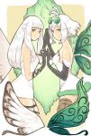  2girls aerie_(bravely_default) ahoge bare_shoulders black_gloves bluestar bravely_default:_fairy&#039;s_effect bravely_default:_flying_fairy bravely_default_(series) breasts brown_legwear commentary_request dress elbow_gloves expressionless eyewear_on_head fairy fairy_wings from_side fur_trim glasses gloves green_eyes grey_eyes hands_together highres long_hair looking_at_viewer multiple_girls pointy_ears rinne_(bravely_default) short_dress short_hair sketch small_breasts strapless strapless_dress thigh-highs thigh_strap white_dress white_hair wings 