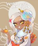  1girl 2019 :d breasts dark_skin fang food fruit hair_ornament happy_new_year highres holding japanese_clothes jtveemo kimono long_hair looking_at_viewer mandarin_orange medium_breasts new_year octarian octoling open_mouth silver_hair smile solo splatoon splatoon_(series) splatoon_2 suction_cups tentacle_hair upper_body white_kimono yellow_eyes 