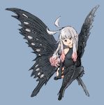  1girl :p anne_(bravely_second) antenna_hair black_gloves black_legwear black_leotard blue_background blue_eyes boots bravely_default_(series) bravely_second:_end_layer elbow_gloves fairy fairy_wings gloves grey_hair leotard long_hair pointy_ears simple_background sitting smile solo thigh-highs thigh_boots tongue tongue_out wings 