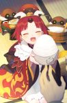  1girl absurdres apron benienma_(fate/grand_order) bird blurry_foreground bowl closed_eyes fate/grand_order fate_(series) food giving highres miitarou ohitsu rice rice_bowl salmon seiza sitting smile sparrow table wide_sleeves 