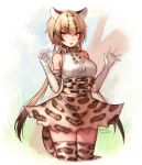  1girl :3 animal_ear_fluff bangs bare_shoulders belt blonde_hair bow bowtie brown_hair claw_pose commentary cowboy_shot eyebrows_visible_through_hair eyes_visible_through_hair gloves gradient_hair hair_between_eyes hands_up high-waist_skirt kemono_friends looking_at_viewer multicolored_hair ocelot_(kemono_friends) ocelot_ears ocelot_print ocelot_tail orange_eyes parted_lips print_gloves print_legwear print_neckwear print_skirt shirt short_hair_with_long_locks skirt sleeveless sleeveless_shirt smile solo terupancake thigh-highs twitter_username v-shaped_eyebrows white_shirt zettai_ryouiki 