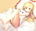  &gt;_&lt; 1girl absurdres apple_ringo ass bangs bare_arms bare_legs bare_shoulders barefoot bed blonde_hair blush cat closed_mouth collarbone dress eyebrows_visible_through_hair frilled_dress frills frown highres knees_up long_hair looking_at_viewer lying on_back on_bed original panties pillow polka_dot short_dress sidelocks sleeveless sleeveless_dress solo thighs underwear white_dress white_panties yellow_eyes 