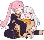  2girls bangs blush buttons closed_eyes cropped_torso do_m_kaeru fire_emblem fire_emblem:_three_houses garreg_mach_monastery_uniform grey_background hilda_valentine_goneril hug hug_from_behind juliet_sleeves long_hair long_sleeves looking_at_another lysithea_von_ordelia multiple_girls one_eye_closed open_mouth pink_eyes puffy_sleeves scarf simple_background smile sweatdrop twintails uniform white_hair yellow_scarf 