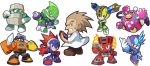  6+boys ;) acid_man albert_w_wily android arm_cannon blast_man block_man blue_eyes brown_hair chibi crossed_arms fire fuse_man helmet kin_niku labcoat multiple_boys official_style one_eye_closed orange_eyes outstretched_arm parody pile_man pointing pointing_at_self red_eyes robot rockman rockman_(classic) rockman_11 rockman_rockman rubber_man sideburns simple_background smile style_parody torch_man tundra_man violet_eyes weapon white_background younger 