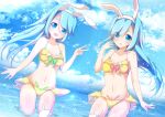  2girls absurdres animal_ears blue_hair clouds cloudy_sky ex_takehito eyebrows_visible_through_hair eyes_visible_through_hair fake_animal_ears highres looking_at_viewer mismatched_legwear multiple_girls near_(sound_voltex) noah_(sound_voltex) ocean open_mouth rabbit_ears sky sound_voltex thick_eyebrows v yellow_bikini_bottom yellow_bikini_top 