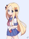  1girl abigail_williams_(fate/grand_order) alternate_costume bangs black_bow blonde_hair blue_background blue_eyes blue_sailor_collar blue_skirt blush bow can closed_mouth commentary_request eyebrows_visible_through_hair fate/grand_order fate_(series) forehead hair_bow highres holding holding_can kujou_karasuma long_hair looking_at_viewer orange_bow parted_bangs pleated_skirt polka_dot polka_dot_bow sailor_collar school_uniform serafuku shirt short_sleeves signature simple_background skirt solo very_long_hair white_shirt 